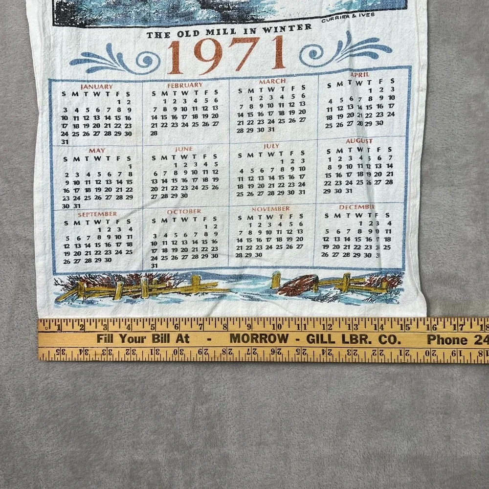VTG 1971 Calendar Towel Currier & Ives 'Old Mill in Winter' Anniversary Birthday